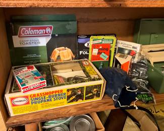 Primes Grasshopper single burner propane stove, pocket hand warmer, Coleman camp stove toaster