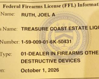 **NOTE**Treasure Coast Estate Liquidators is an FFL and as such abides by all state and Federal Regulations Regarding the Sale and Transfer of Firearms. Anyone wishing to buy a firearm from one of our Estate Sales will first have to pass a Criminal background  check and pick the weapon up at a local Gun Store. No Exceptions.