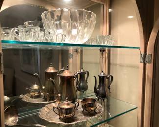 Silver tea/coffee set with platter, ladle; vintage glass punch bowl and cups