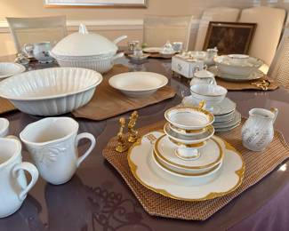 Fine china and daily dinnerware, serving platters, round glass-top table with set of 6 dining chairs, set of matched china cabinets, sideboard, fine glassware, cake stand