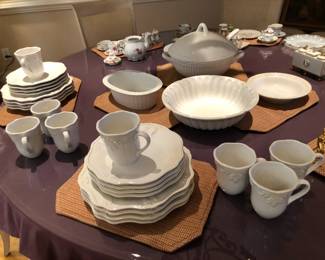 Fine china and daily dinnerware, serving platters, round glass-top table with set of 6 dining chairs, set of matched china cabinets, sideboard, fine glassware, cake stand