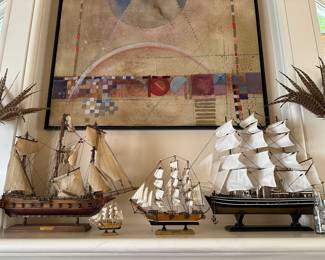 silk plants, framed wall art, model ships