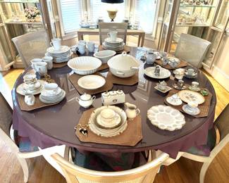 Fine china and daily dinnerware, serving platters, round glass-top table with set of 6 dining chairs, set of matched china cabinets, sideboard, fine glassware