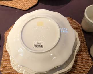 Fine china and daily dinnerware, serving platters, round glass-top table with set of 6 dining chairs, set of matched china cabinets, sideboard, fine glassware, cake stand