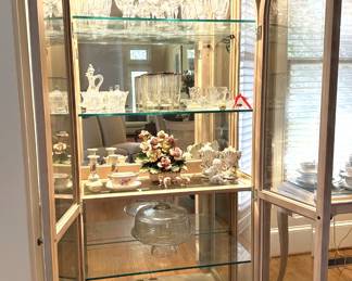 Fine china and daily dinnerware, serving platters, round glass-top table with set of 6 dining chairs, set of matched china cabinets, sideboard, fine glassware, cake stand