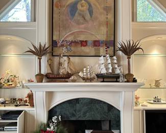 silk plants, framed wall art, curios, glass art, electronics, model ships