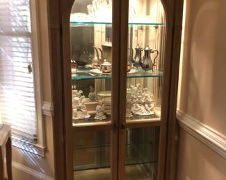 Fine china and daily dinnerware, serving platters, round glass-top table with set of 6 dining chairs, set of matched china cabinets, sideboard, fine glassware, cake stand