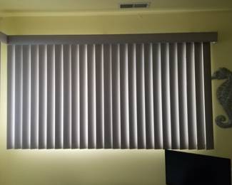 Sun-filtering shades and vertical blinds in a neutral gray throughout home