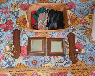 Vintage Colonial Builders Yard Stick, Vtg Home Interiors Sconce & Mirror Set, Ladies Gloves!