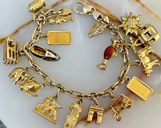 Stunning 14K Gold 7" Charm Bracelet - Including 2 (1) Gram .999 Swiss Gold Bars - Total Weight 38.8 Grams