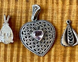 3 Sterling Silver Pendants - Heart - Amethyst & Marcasite - Clear Stone Pendant & Sterling Pendant  7.4 Grams