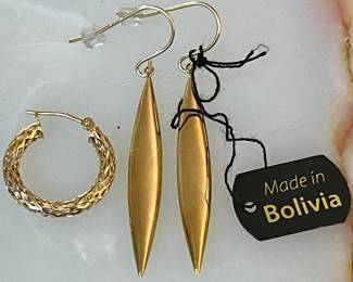 14K Gold Bolivia Dangle Earrings & (1) 14K Gold Hoop Earring - Total Weight - 2.3 Grams 