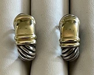 David Yurman Earrings Two Tone Sterling Silver And 14K Gold Cable Omega Back Shrimp Earrings 10 Grams