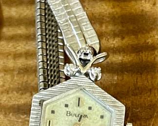 Vintage 14K White Gold & Diamond Bulova Ladies Watch W Gold Filled Band 