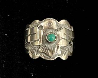 Tony Aguilar Sr. Kewa Thunderbird Sterling Silver & Turquoise Ring Size 7.5 - Total Weight 5 Grams 