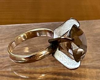 Vintage Large Faceted Smoky Quartz Gold Tone Ring Signed AK - Size 6