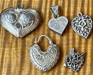 5 Vintage And Antique Puff Heart Pendants & Charms - Total Weight 8.1 Grams 