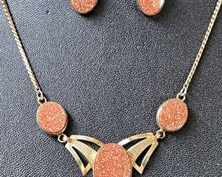 Vintage Van Dell Gold Filled Goldstone Lavaliere Necklace And Earrings 