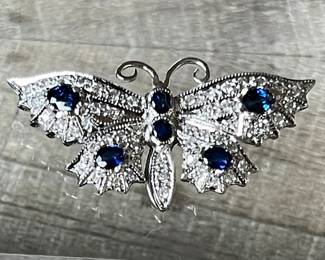 Stunning 18K White & Yellow Gold 51 Prong Set Diamond & .80 Carat Sapphire Butterfly Pin With Appraisal 