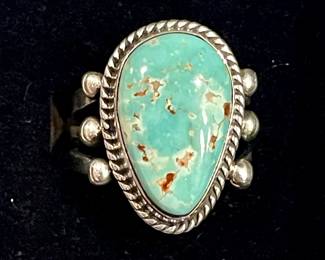 Tom Yazzie Navajo Sterling Silver And Turquoise Ring Size 7.5 - Total Weight 7.5 Grams 