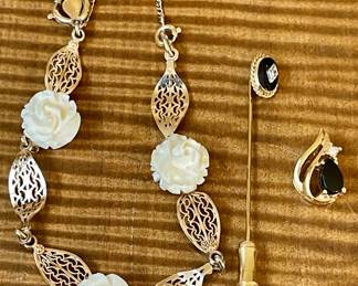 Vintage 12K Gold Filled Mid Century Bracelet -Carla GF Stick Pin And Gold Tone Pendant 