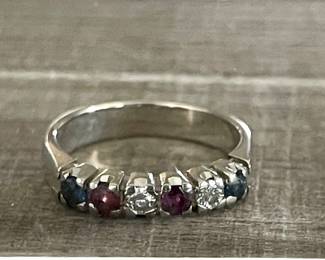 14K White Gold Size 8 Ring - 2 Diamonds - 2 Natural Rubies - 2 Blue Sapphires - 1 Rhodolite Garnet W Appraisal