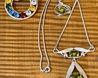 Vintage Sterling Silver Van Dell Green Stone Lavaliere Necklace & 1 Earring & Van Dell 12K GF Rhinestone Pin