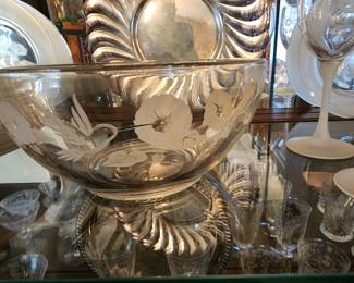 Big collection of vintage Avon 24 lead Crystal, bowls, wine, water glasses , and plates in the " Hummingbird " pattern. 