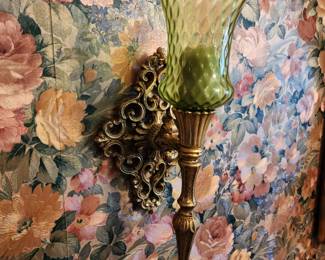 Nice pair of Green votive, gold metal wall sconces 