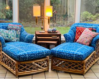 Loungers, Upholstered Bamboo and Rushing. Nesting Rattan Tables. Antique Brass Lamp.