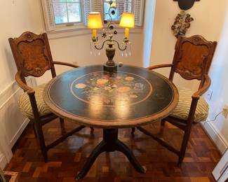 Vintage Regency Black Lacquer Floral Tilt Top Table
