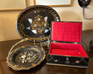 Papier Mache’ pearl inlay tray, serving platter and tea box.  