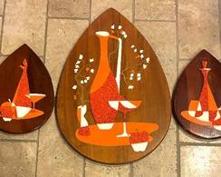 Mid Century Atomic Walnut Orange Popcorn Wall Hanging Plaque, Set of Three.

So cool looking! The largest of this set measures 30 inches tall. 