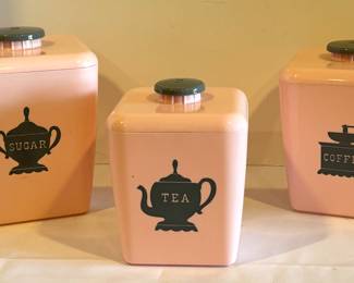 MCM Retro Kitchen Canisters, Set of Three, Burroughs Mfg Corp, 1950's. Includes Coffee, Sugar and Tea. 

These canisters measure about 7-8.5 inches. 