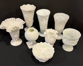 Variety of Vintage Milk Glass Items including Vintage Milk Glass Vases. 

The vases measure between 3.5" to 10" tall. 
