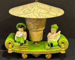 Mid Century 1950's Asian Chalkware Fiberglass Shade Lamp - Retro

In working condition with some light wear consistent with age and use. Light stain on the shade. Measures about 10" x 5" x 12" 