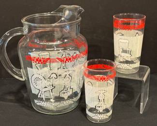 Vintage Anchor Hocking Glass Juice Pitcher and Tumblers Set 

The tumblers each measure five inches tall.