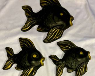 Set of Three Vintage Miller Studios Chalk Ware Fish Plaques of which the largest measures 6 x 7 inches. There is some light vintage wear. 