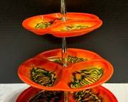 Vintage Mid Century California Glazed Ceramic Three Tiered Tidbit Tray in an awesome vibrant color combination! 

Measures 16 inches tall. 