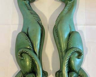 Vintage MCM Pair Green Cat Gold Eyes Wall Decor. Items in good vintage condition with some wear including a couple small chips. Each measuring 20 inches long.