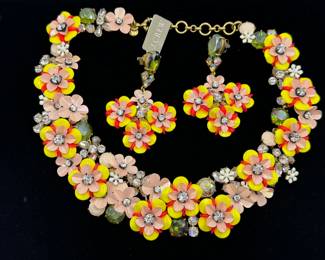 J. Crew Fun Floral Crystal Pink Yellow Collar Necklace and Earrings Set. A gorgeous floral necklace and earring set. The earrings are new with tags and the necklace measures about 16 inches. 