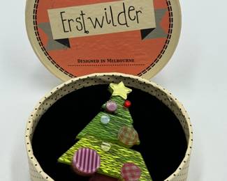 Erstwilder Christmas Tree Brooch with box. Measures about 3 inches.