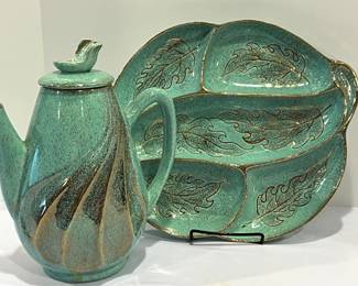 Mid Century California Glazed Ceramic Divided Serving Tray and Coordinating Coffee Pot. Items in a lovely vintage color of blue accents with gold painted details. 

The tray measures 12" x 14" 
