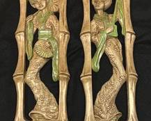 Pair of Vintage 1950's Geisha Bamboo Universal Statuary Chalkware Wall Hangings. Each measuring 24" and in overall good condition with light wear. 