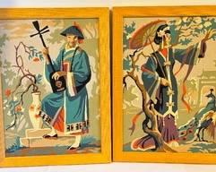 Retro Set of Two Paint by Number Paintings, perfect for your Asian theme! Approximately 12" x 16".