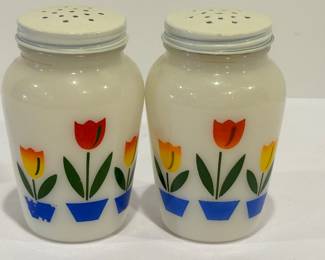 Pair of Vintage Fire King Tulip Milk Glass Salt and Pepper Shakers, measuring about 4.5 inches tall.

