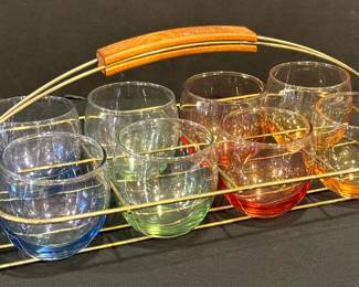 Set of Six Colorful Vintage Roly Poly Tumblers with Caddy. Fun rainbow colors! 