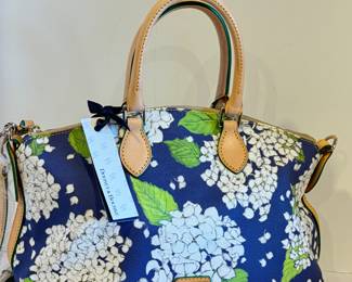  Dooney & Bourke White Marine Blue Hydrangea Satchel - New with Tags. 

Measures about 12" x 7" x 9.5" 