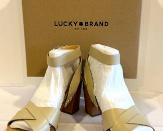 Pair of Lucky Brand Hadilla  Heeled Sandals, New. 

Size 9M. 

Color: Sand Shell Florence 