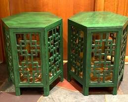Pair of Asian Inspired Accent Tables in a rich hue of green. Each measures 20 h x 17 inches in diameter and are in very good condition with light wear. 
